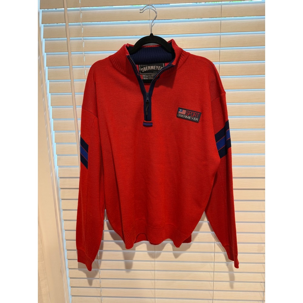 Vintage Obermeyer Sport Mens XL Red Wool Blend Quarter‎ Zip Striped Ski Sweater